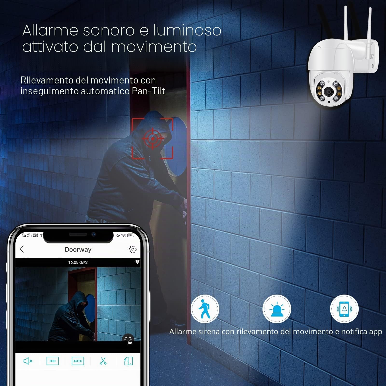 1080P Camere di Sorveglianza WiFi, Telecamera WiFi Esterno Motorizzata Impermeabile IP66 con Audio a Due Vie, Visione Notturna a Colori 30M Rilevamento del Movimento Monitoraggio Intelligente