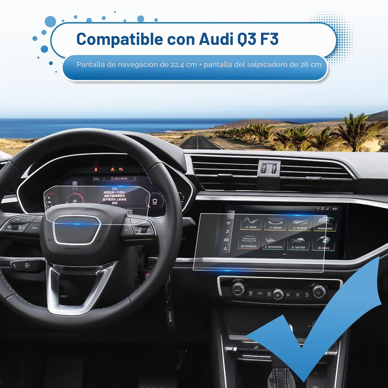 2 Piezas Protectores de Pantalla Compatible con Audi Q3 F3 2019-2024, Película Protectora de Pantalla de Vidrio Templado 9H Anti-raspado para Navegación y Salpicadero (8.8"+10.25")