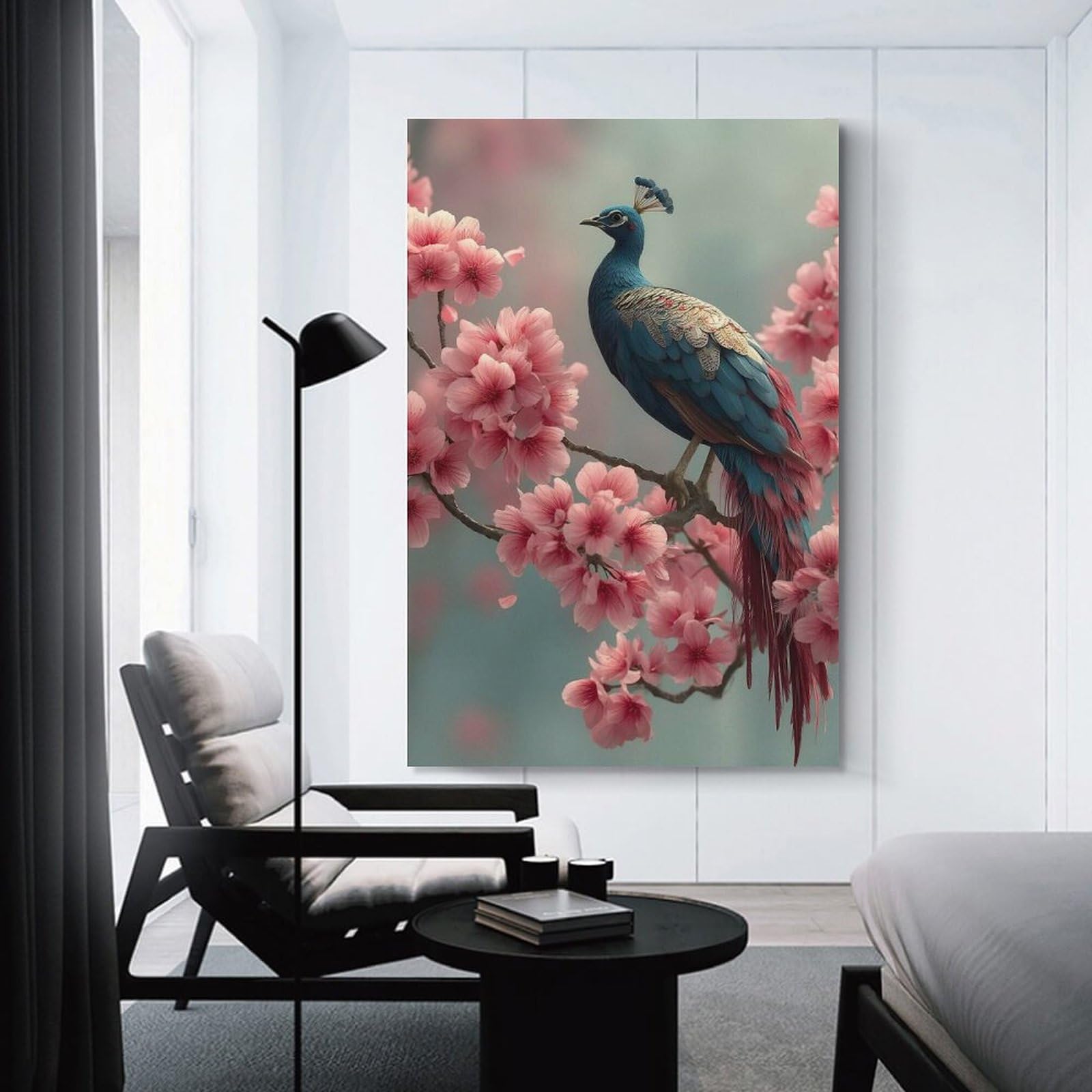 Junmoney Unframe-Style-4 Wall Picture Print Peacock Perched Among Cherry Blossoms, 20X30inch(50X75cm), For Entrance Walls, Hall Decor Or Foyers, Home Artwork For First Impressions