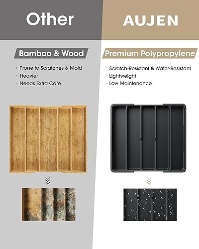 Miniatura 5 de Aujen Organizador de cubiertos Organizador de cajones de utensilios expandible con almohadillas antideslizantes, organizador de cajones de cocina