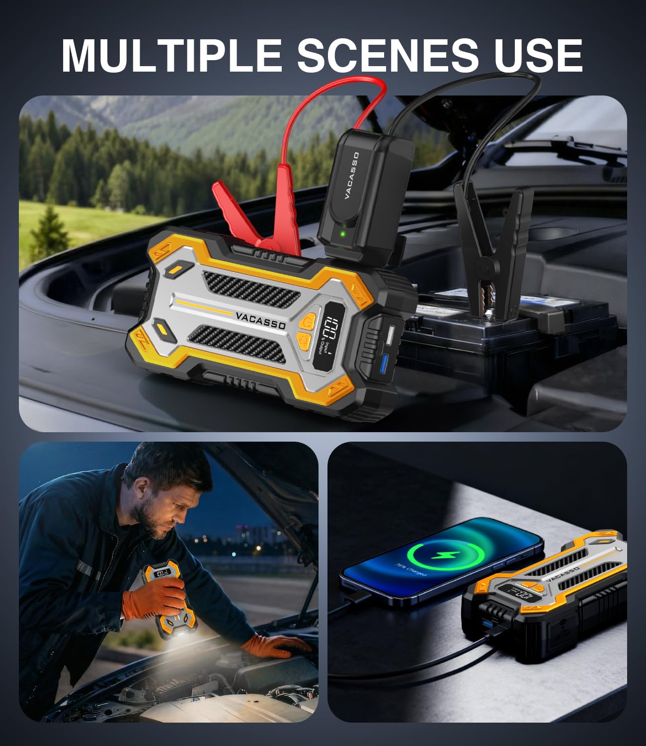 Car Jump Starter, VACASSO 5000A Car Battery Jump Starter for Up to 10L Gas and 8L Diesel Engines, 12V Portable Jumper Starter Power Pack with Booster Car Starter Jump Box, LED Light, Jumper Cable