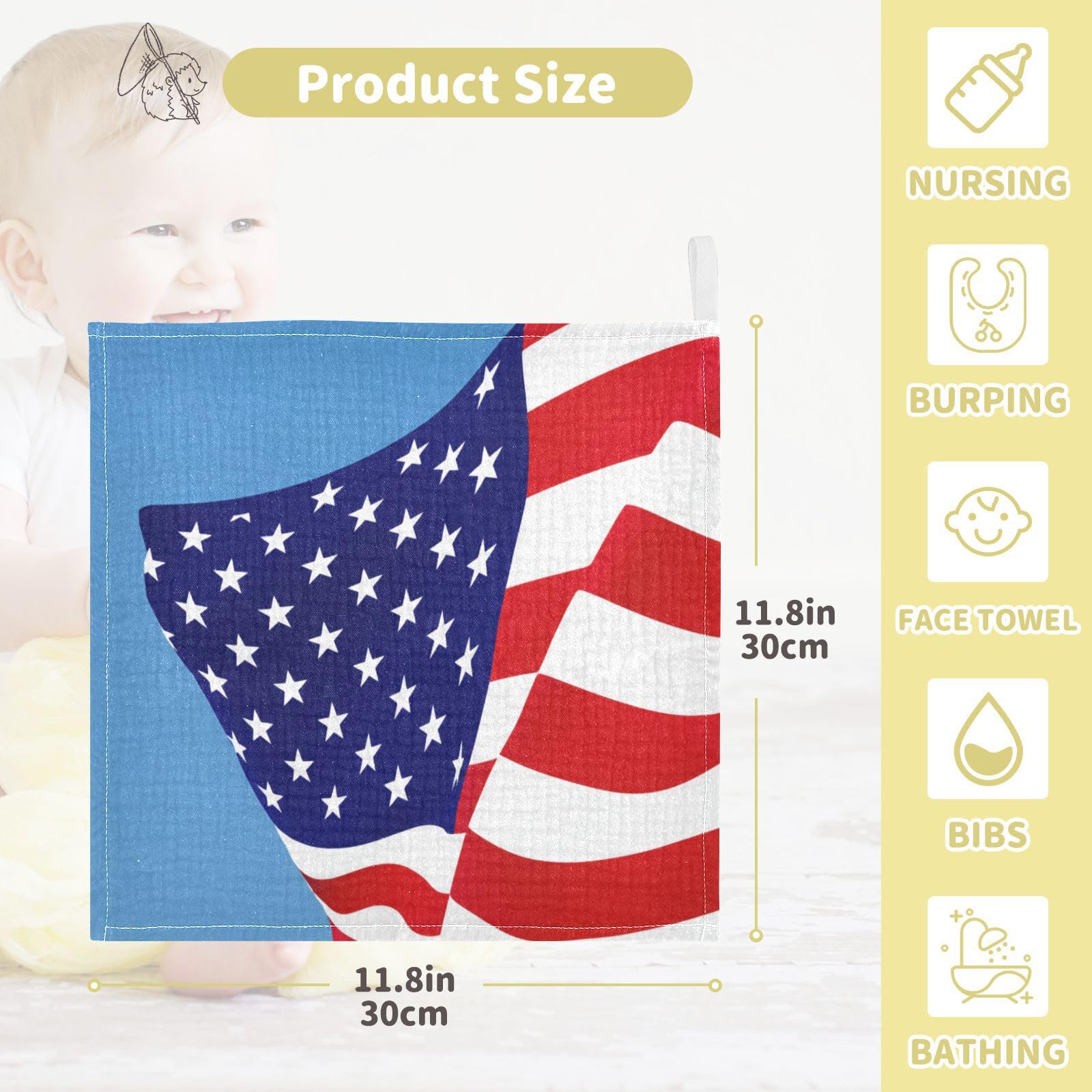 Kigai American Flag Baby Washcloths,3pcs Ultra Soft Absorbent Towel,Newborn Bath Face Towel, Natural Reusable Baby Wipes for Sensitive Skin, Baby Registry as Shower