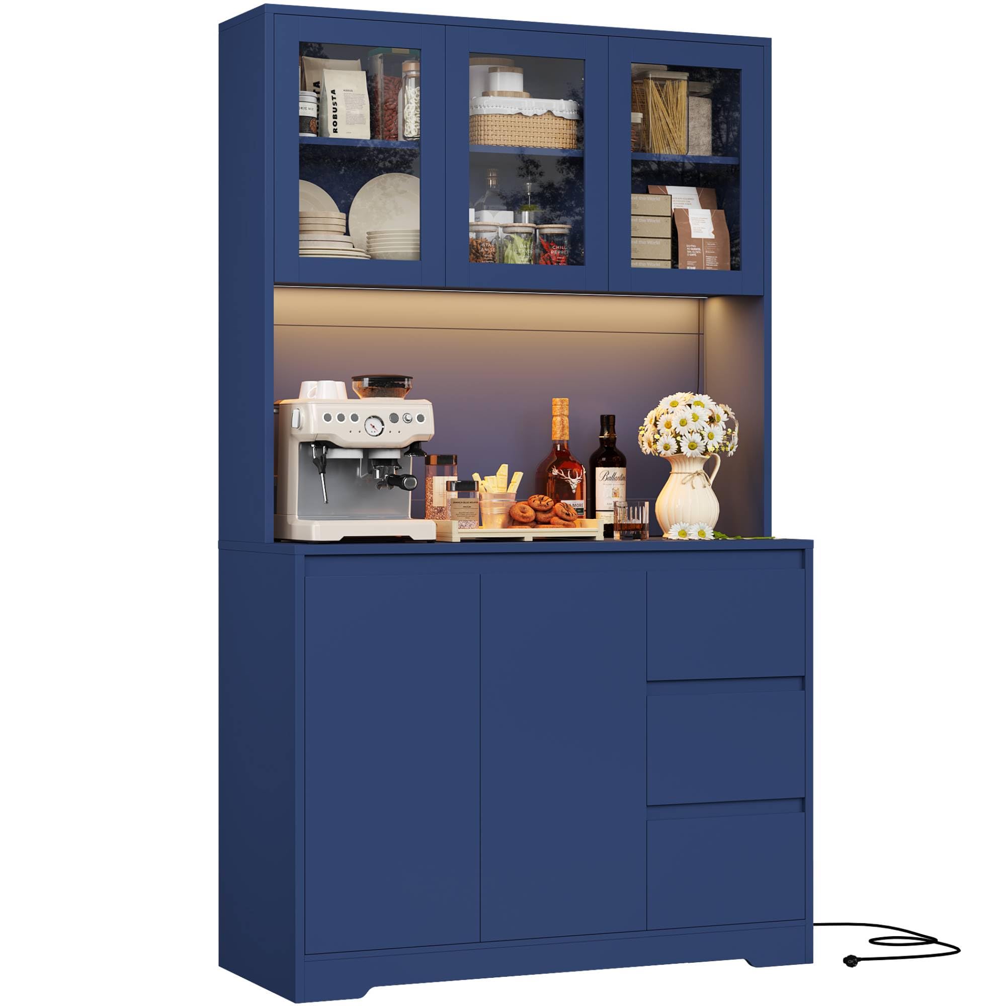 FirFurd Küchenschrank Buffetschrank mit LED Sideboard für Küche mit Steckdosenleiste Küchenschrank mit Arbeitsplatte und 3 Schubladen Küchenbuffet mit verstellbares Regal Blau 180x100x38.5 cm