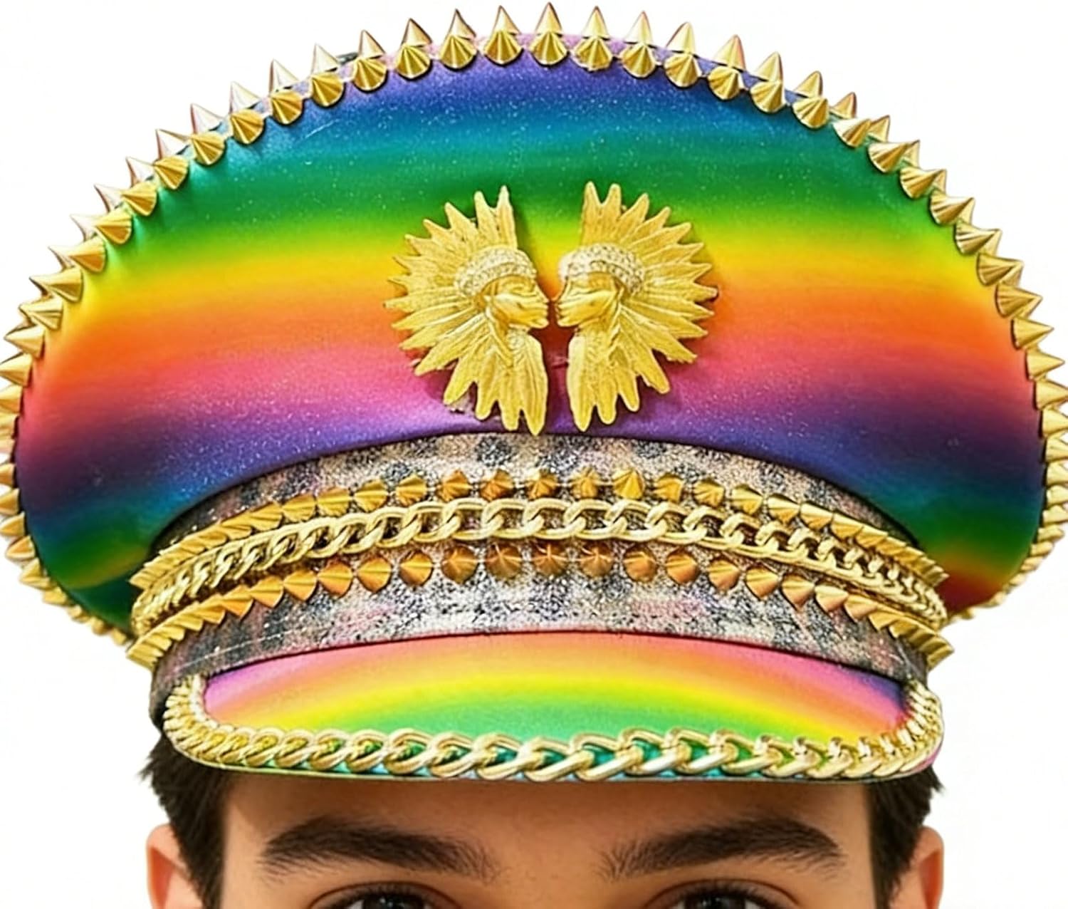 Rainbow Pattern Bucket Hat with Decorative Rhinestones Rivets for Big Head Size Ensuring Comfortable Wear Festival Hat