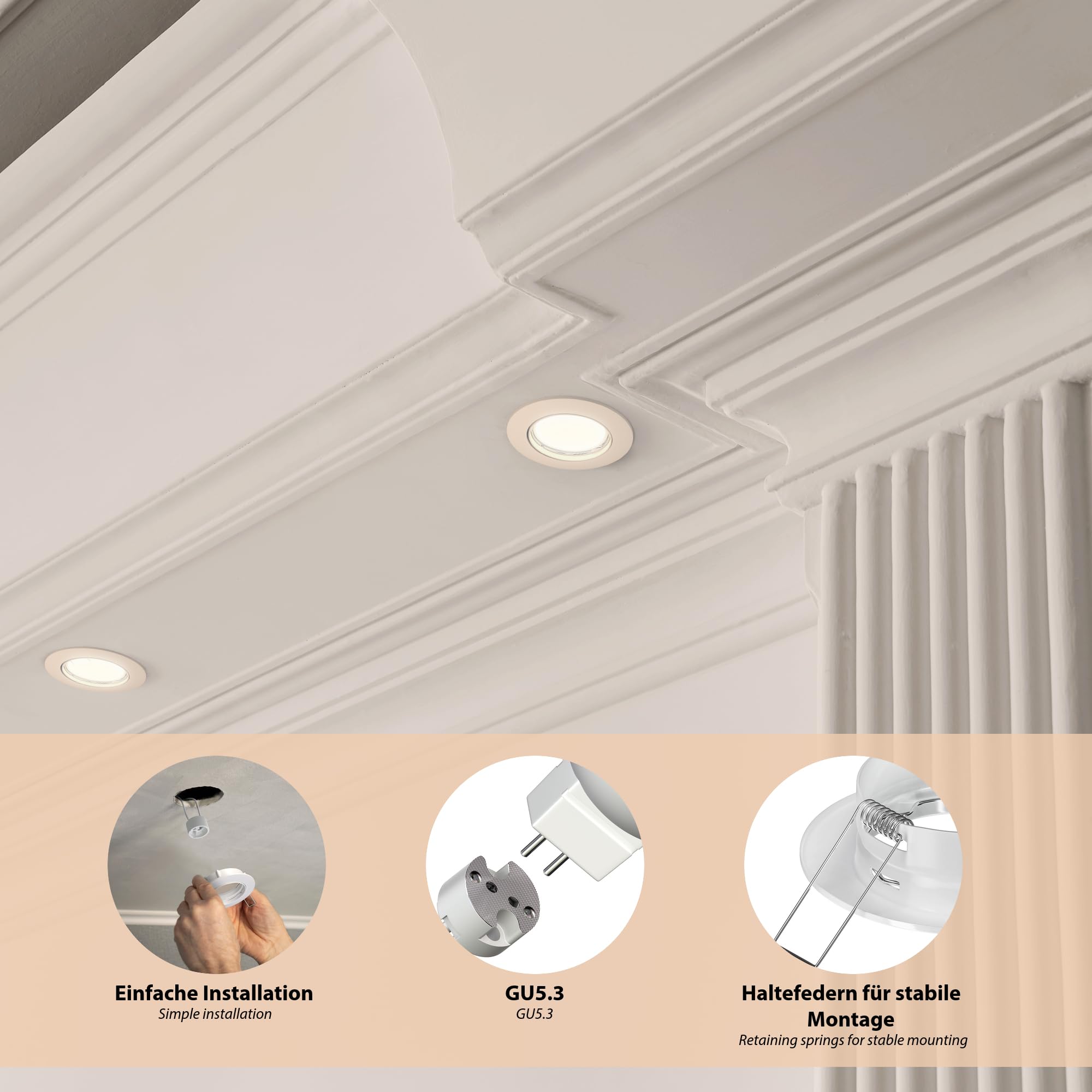 ledscom.de 6 cadres d'encastrement au plafond Circ Aluminium Cadre d'encastrement blanc (LED/Halogène/MR16/50mm) incl. douille GU5.3