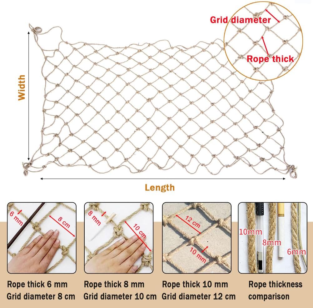 Amacthysh Jute Hemp Rope Net,Safety Rope Netting,Balcony Stair Railing Protection Net,Plant Climbing Support Nets,for Indoor Decor,Outdoor Fence Isolation,8 mm/10 cm,1 * 1.5m