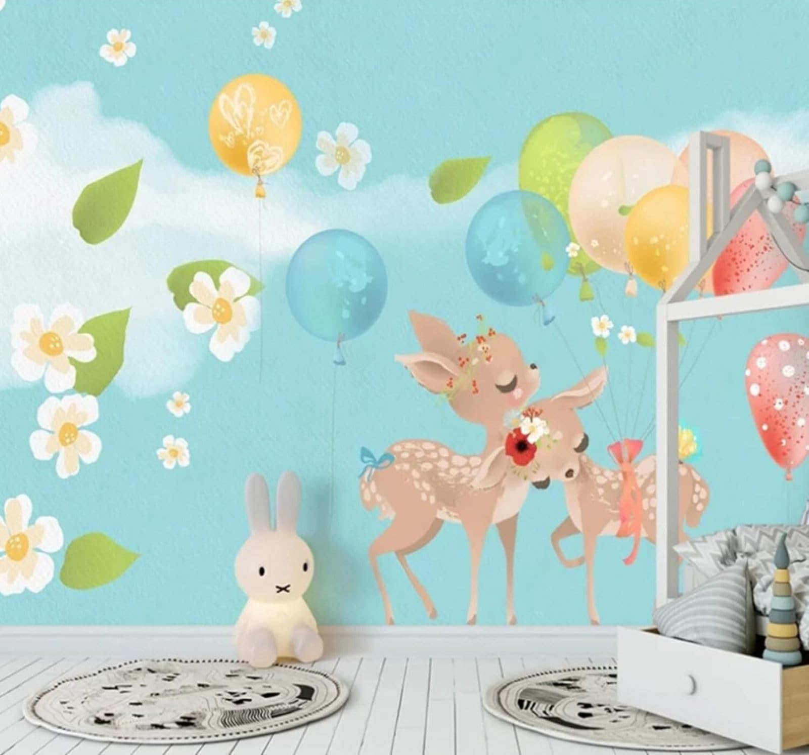 XLMING Fresh Cartoon Balloons Reindeer Flowers 3D Wallpaper Luxury Home Dining Decor Paste Sofa Living Room The Wall for Bedroom Mural-200cm×140cm