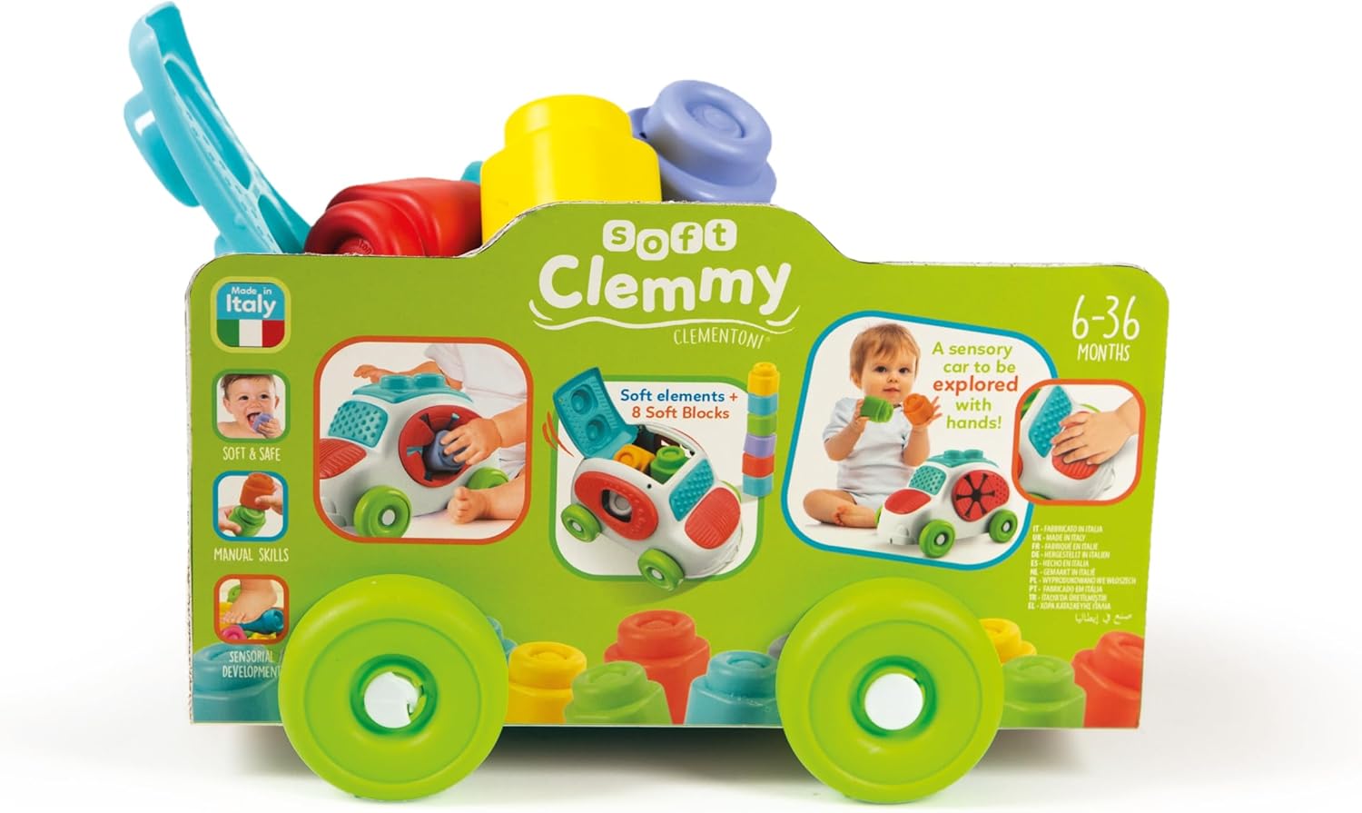Clementoni- Soft Clemmy Sensory Car: Fun & Developmental Play for Babies & Toddlers, Stimulating Textures, Shapes & Stacking Blocks - Multicolored (6+ Months)
