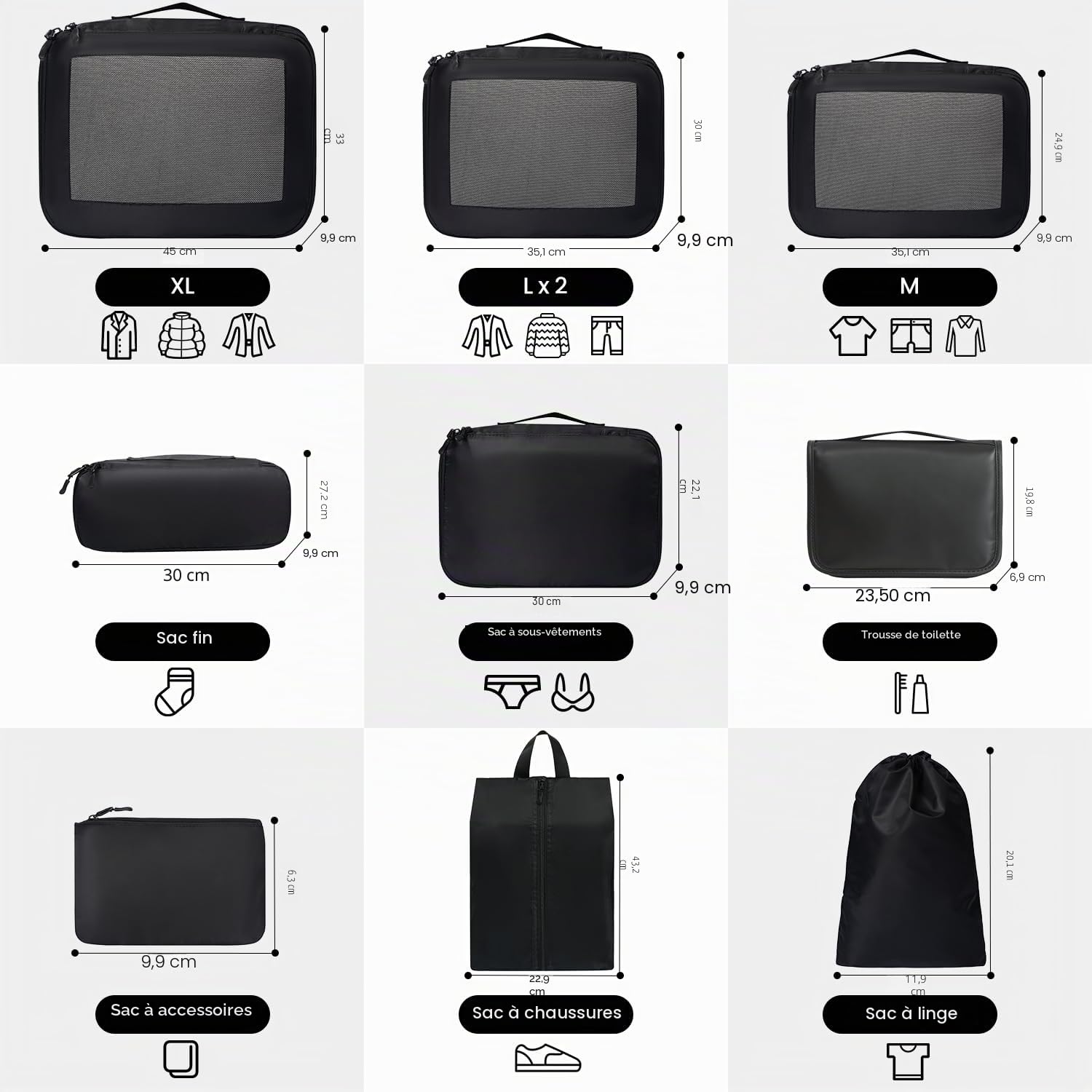 Cubes de rangement pour valise, lot de 10, organiseurs de bagages légers, cubes de rangement pour accessoires de voyage