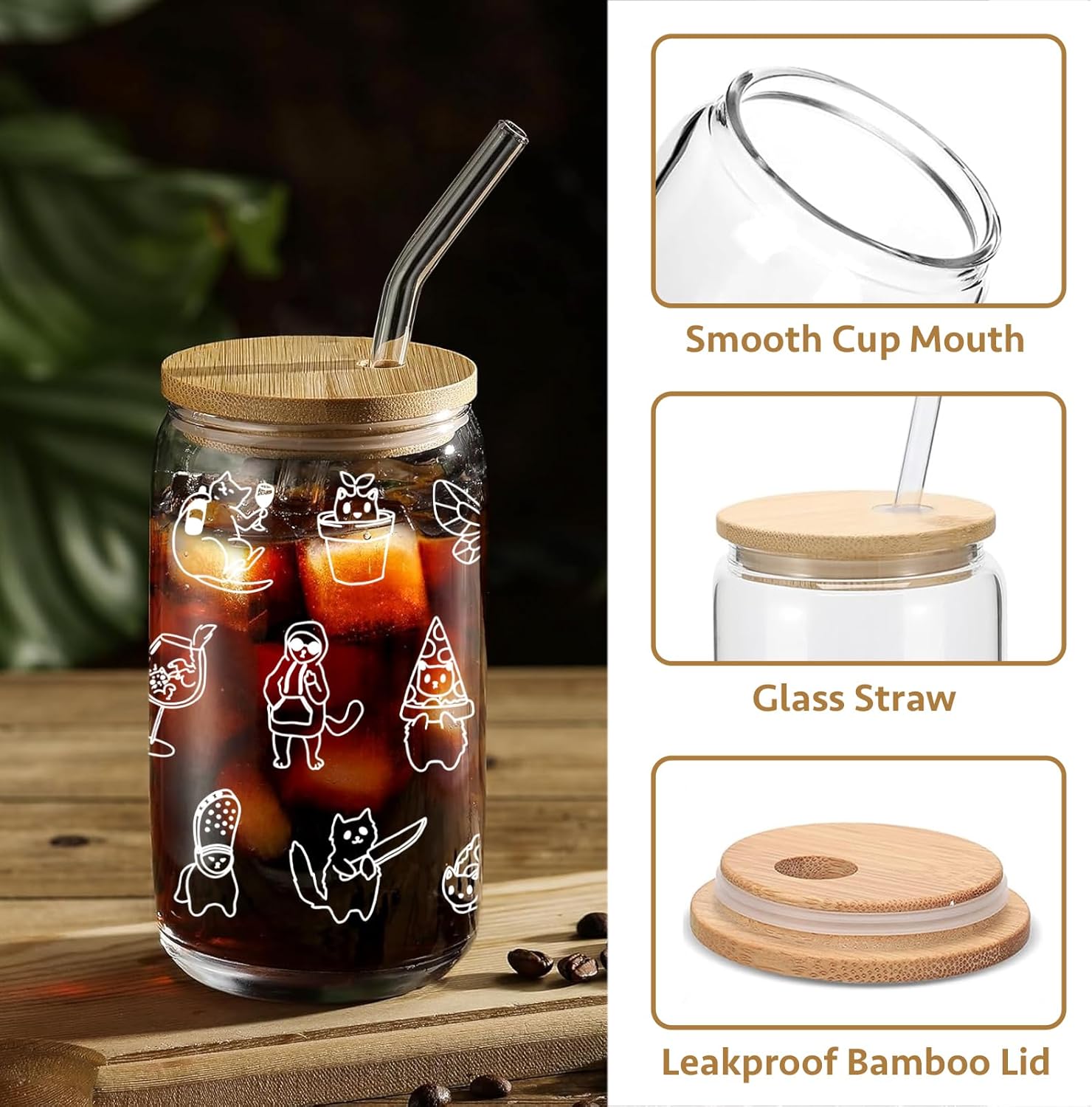 Cat Gifts for Women Girls - Funny Glass Cups with Lids and Straws, Cute Cool Cat Lover Gifts Decor Stuff Accessories, Iced Coffee Cup Tumbler for Bestie Birthday, 16 oz - Image 4