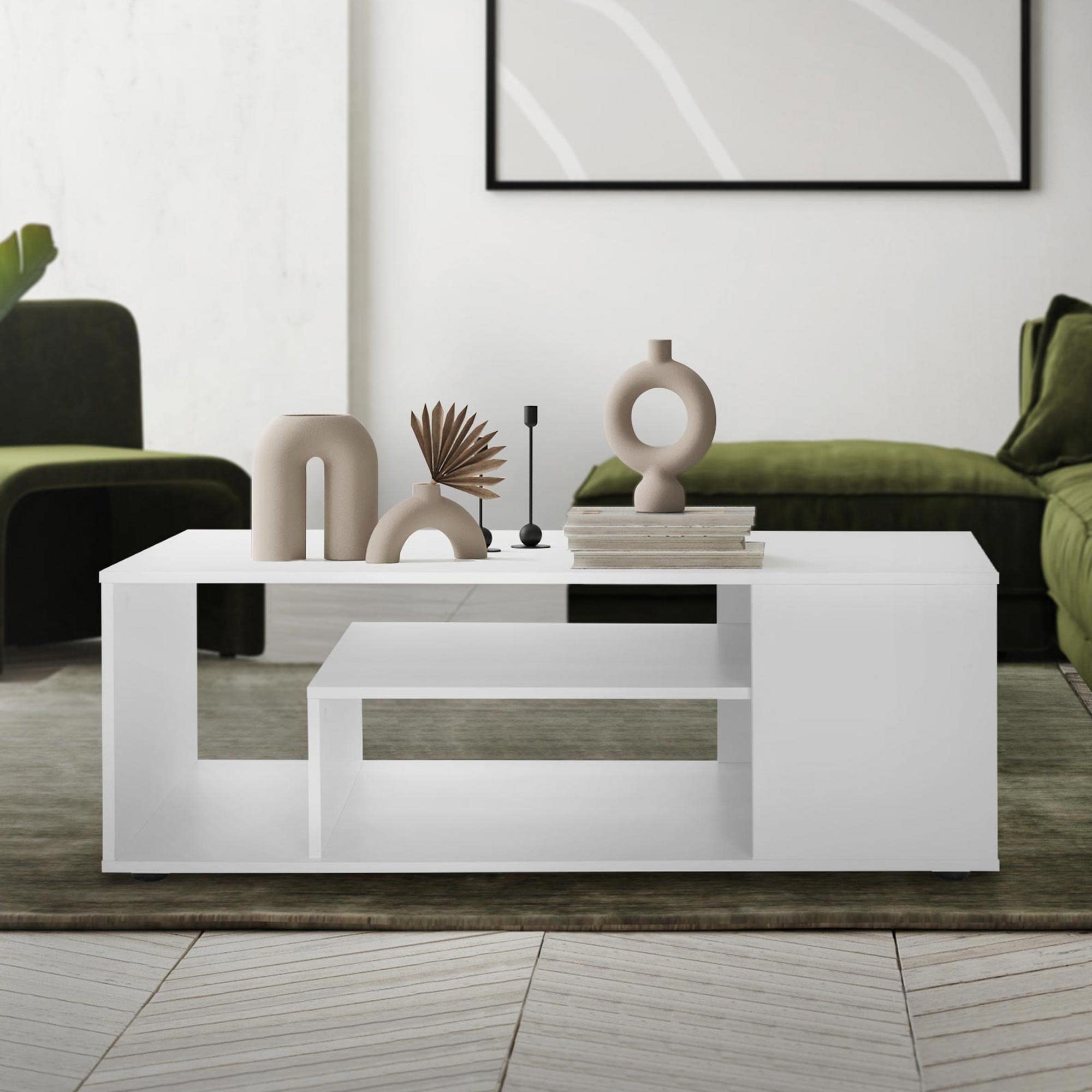 ML-Design Mesa de Centro Blanca 110x50x41 cm Madera de Roble Sonoma Mesita de Café Rectangular Moderna Mueble Auxiliar Versátil con 4 Estantes en 3 Niveles Mesa con Mucho Espacio de Almacenamiento