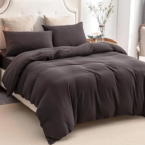 Miniatura 5 de PURE ERA Juego de funda de edredón de punto de jersey, 100% algodón, súper suave y cómodo, juego de ropa de cama de 3 piezas con cierre de