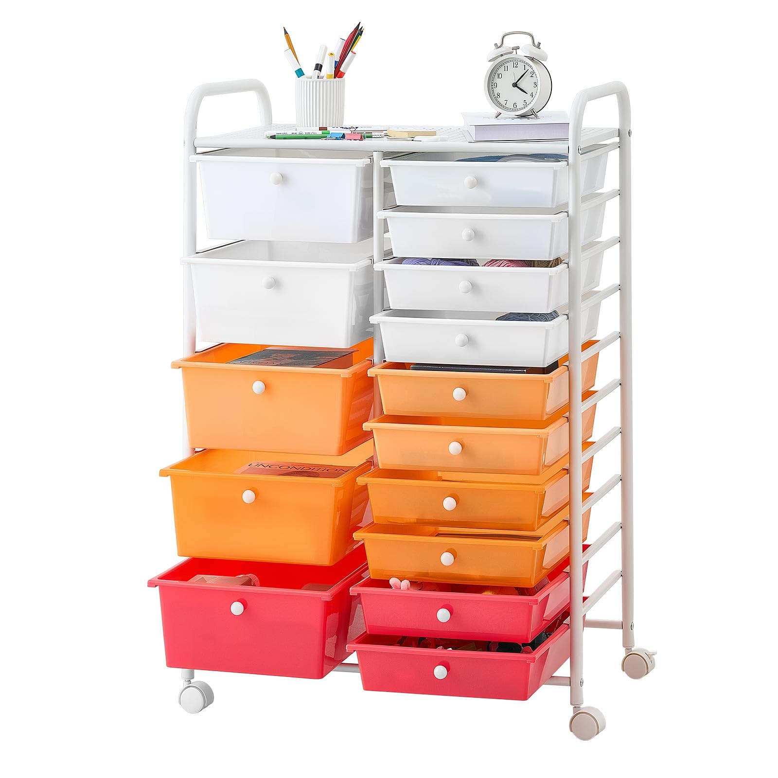 VEVOR Carrello Multiuso con Cassetti, Organizer a Doppia Fila con 15Cassetti, Carrello Portaoggetti, Telaio in Acciaio Verniciato, Ruote Girevoli a 360° con 2 Freni, per Ufficio, Garage, Rosso Sfumato