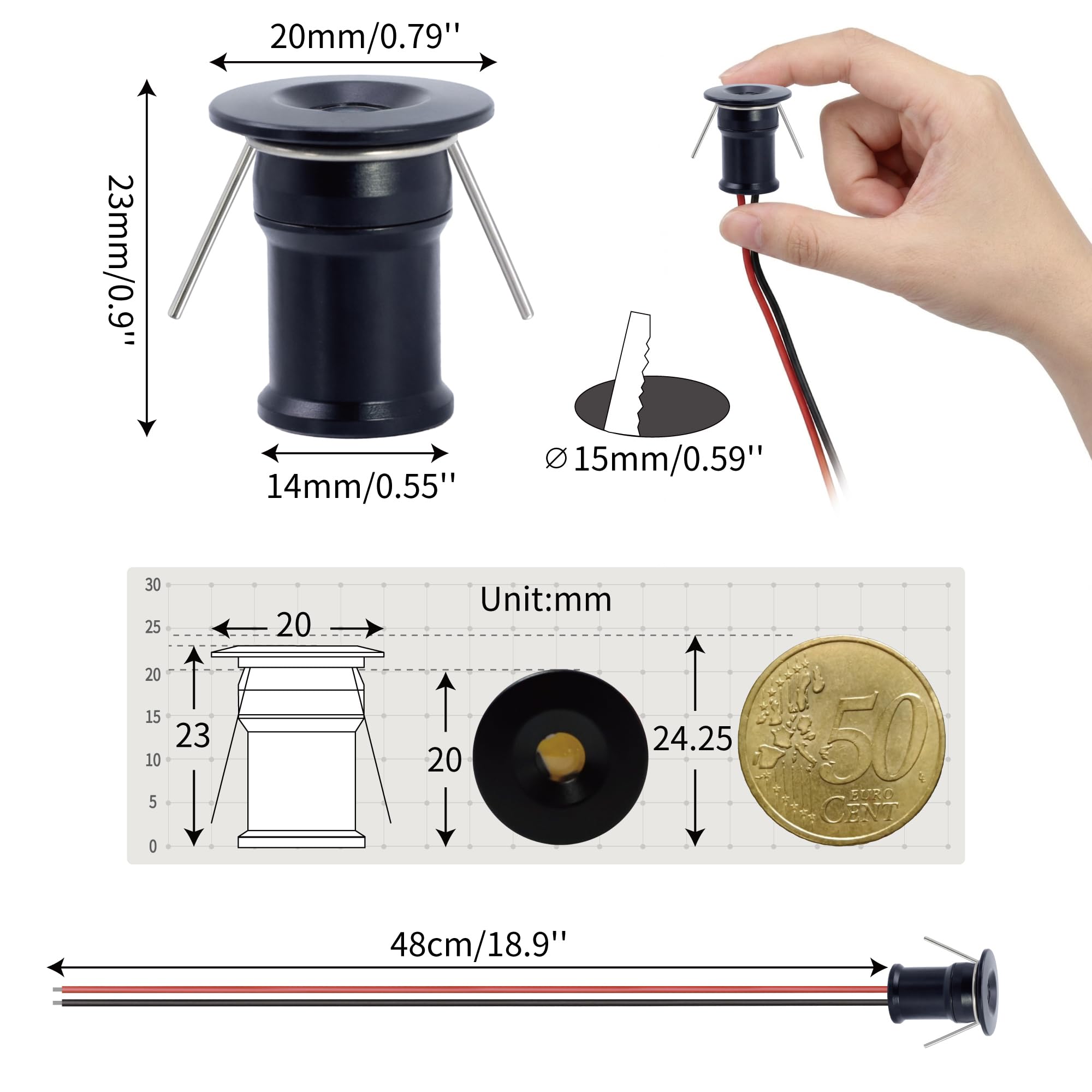 Mini Foco Led Empotrabl 12V 1W IP65 Ø15mm 18uds Frío Negro 120° | Diámetro Del Agujero Ø15-18mm, Mini Led Downlight Spot, para Vitrinas Muebles Escaparate Balda Niche Pladur Cocina Techo