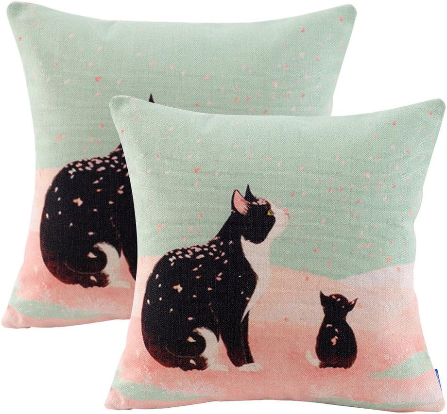JES&MEDIS Set of 2 Cute Cat Theme Print Square Throw Pillow Cover Cotton Linen Spring Home Decorative Cushion Case for Bed Office Car 18 x 18 Inches, Cherry Blossoms Cat