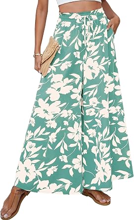 SimpleFun Womens Palazzo Pants Boho Floral Wide Leg Trousers Summer Beach High Waisted Flowy Pants with Pockets
