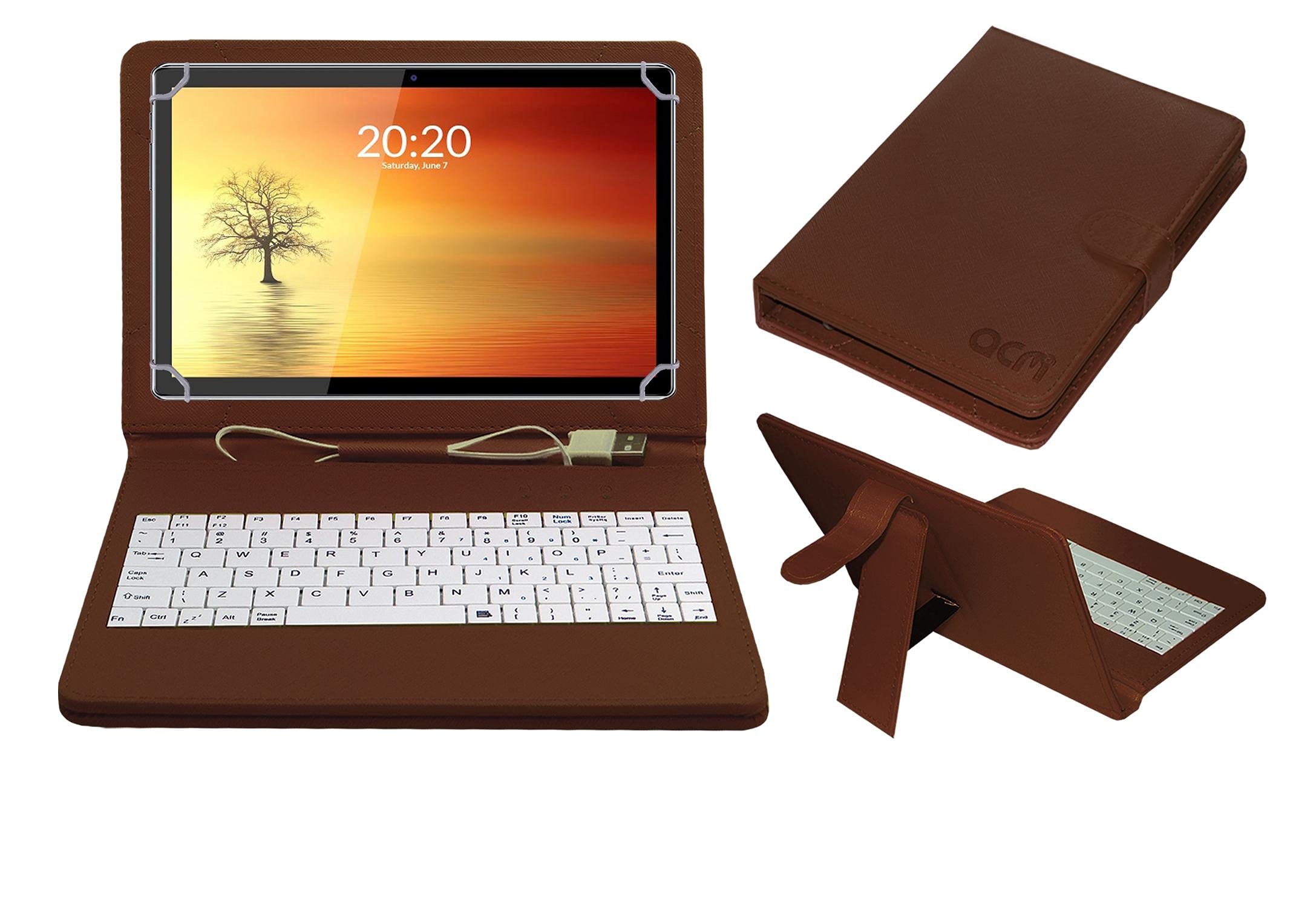 ACMUSB Keyboard Case Compatible with Domo Slate Slp8 Tablet Cover Stand Study Gaming Direct Plug & Play - Brown