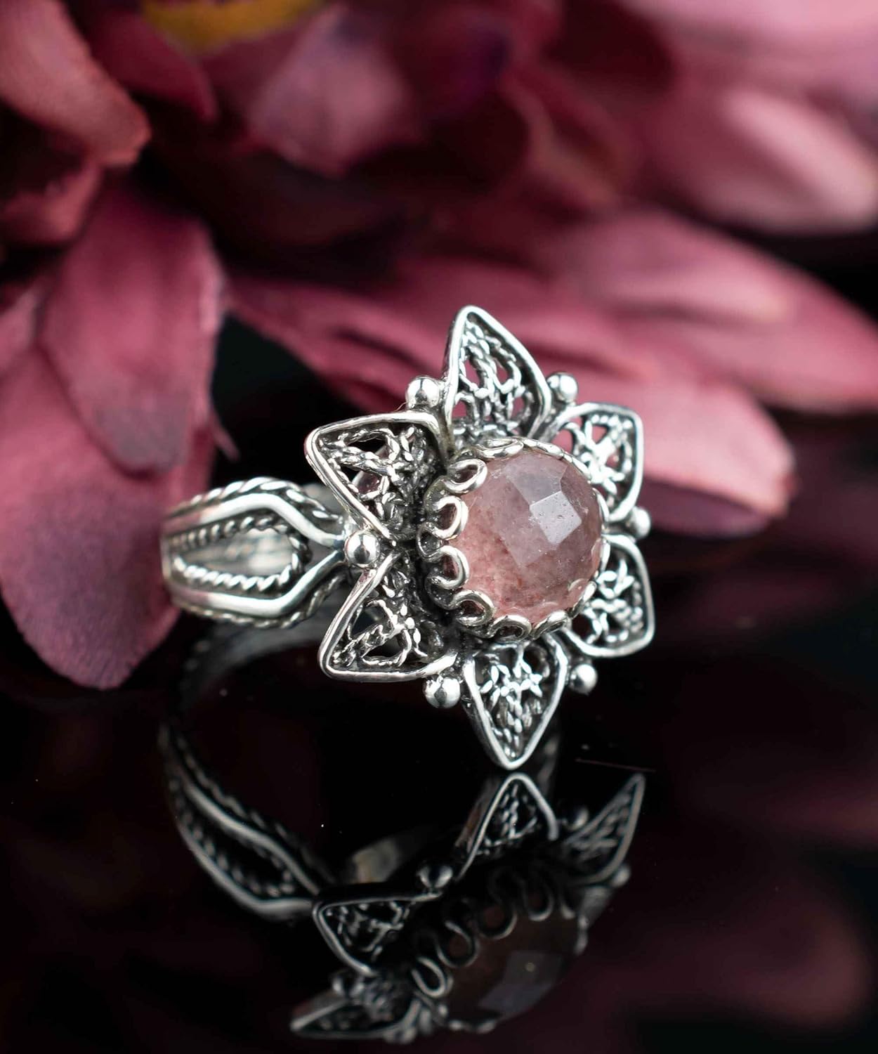 Filigranist 925 Sterling Silver Filigree Art Daisy Flower Motif Woman Cocktail Statement Ring, Gift Boxed