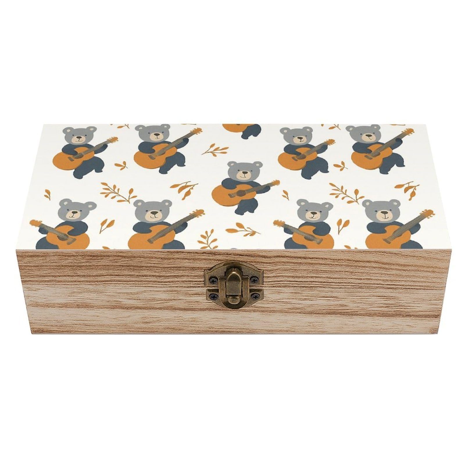 SMAZDFXX Cute Bear Playing Guitar Wooden Storage Box Multipurpose Decorative Box for Jewelry Photo Home Decor