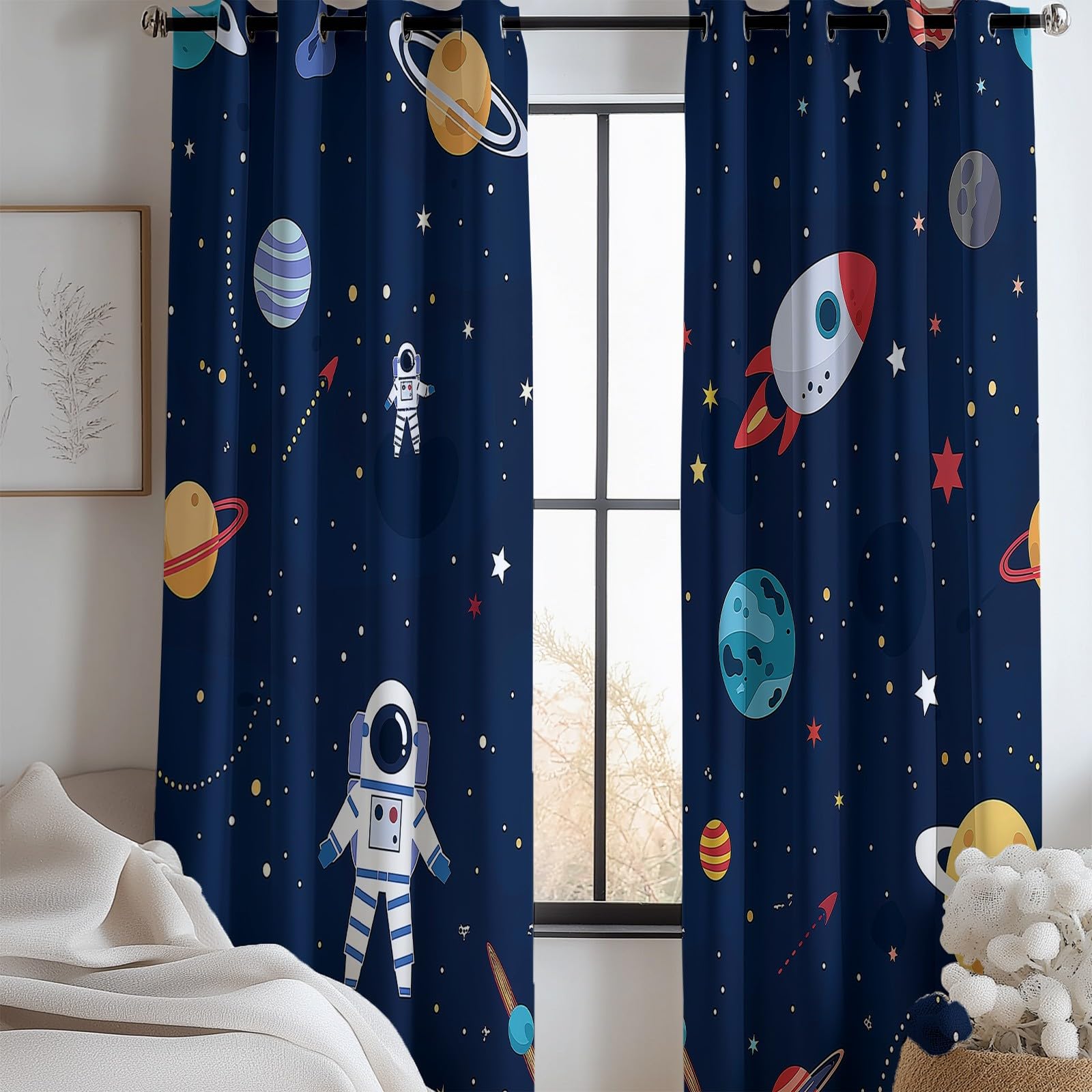 Blickdichte Vorhänge Drucken mit Ösen Wohnzimmer Gardinen Cartoon, Astronauten, Universum Muster Ösenvorhang Thermovorhang für Schlafzimmer 2er Pack Modern Schlafzimmer Gardine H 245 x B 100 cm Bunt