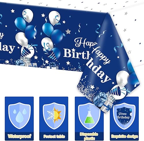 Miniatura 3 de 3 manteles de cumpleaños de color azul marino y plata para decoración de fiesta de feliz cumpleaños, desechables, de plástico, para niños, niñas,