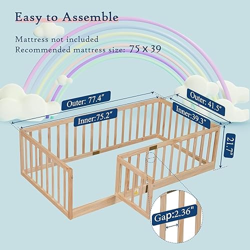 Miniatura 36 de Tatub Cama Montessori de suelo individual con rieles altos, marco de cama Montessori de madera maciza para niños, la entrada se puede instalar a