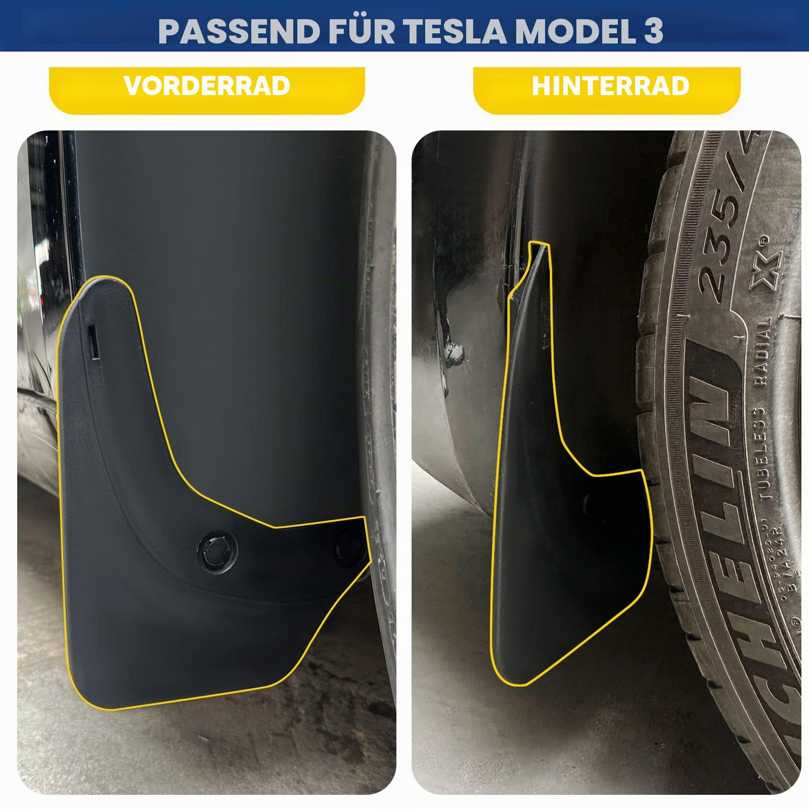 Schmutzfänger für Tesla Model 3 2023-2020, Upgraded Flexible Ohne Bohren/Klebeband, Spritzschutz Kotflügel Zubehör, 4 Stück