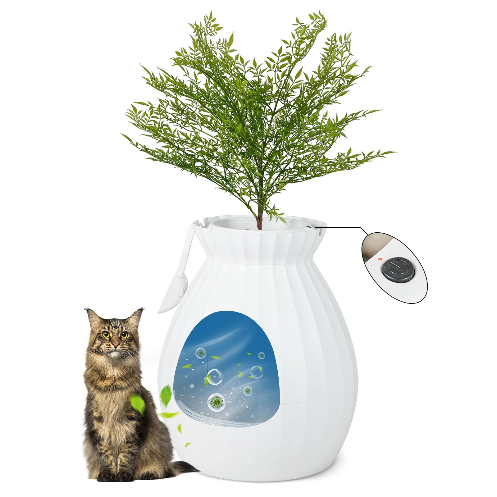 GYMAX Bac à Litière pour Chat avec Système Intelligent de Désodorisation, Maison de Toilette en Forme de Pot, avec Pelle & Rideau, 50X115CM(Blanc)