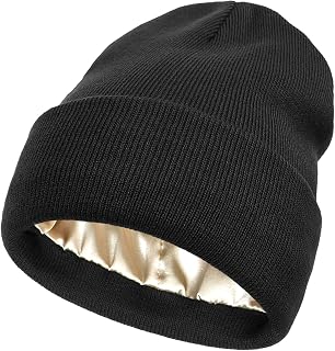 Mukeyo Womens Satin Lined Knit Beanie Hat Winter Warm Cuffed Knitted Silk Lining Hat Soft Cable Skull Cap