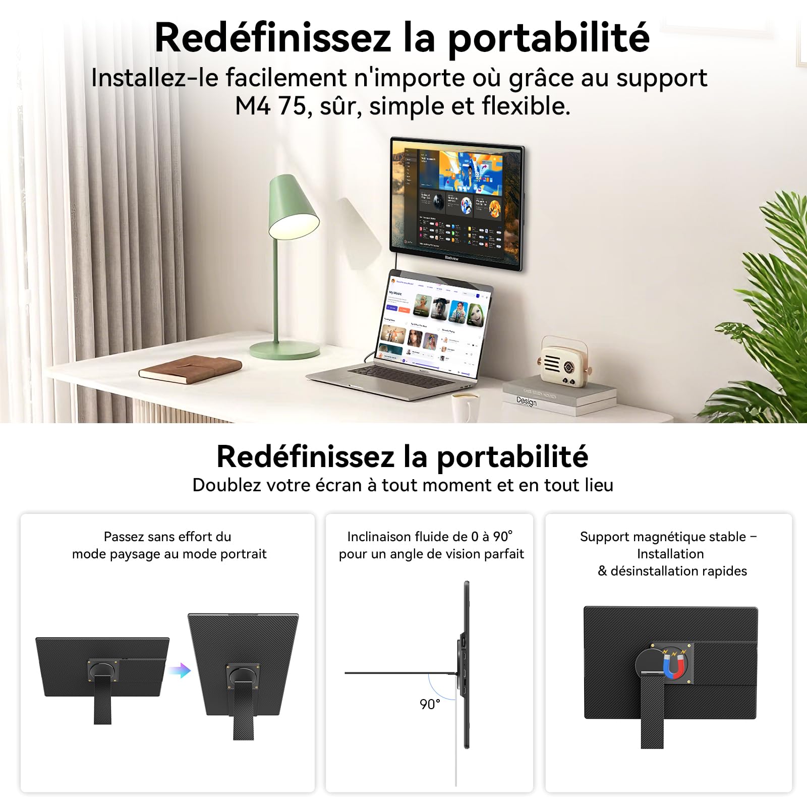 Blackview Écran Portable 16.1 Pouces FHD 1200P Ultra-Fin, Base magnétique pivotante à 360°, pour Ordinateur Portable, idéal Voyage et Bureau, Plug and Play - Compatible Windows, Mac, PC, PS5
