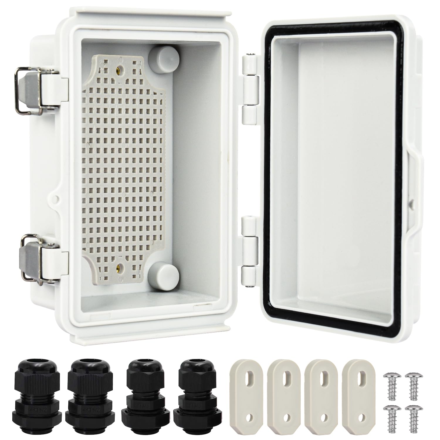 Waterproof Outdoor Junction Box, LA VANE IP67 ABS Plastic Dustproof Electrical Enclosure with Hinged Cover with 4X NPT Cable Glands, Mounting Plate, Wall Brackets - 12x8x5 inch