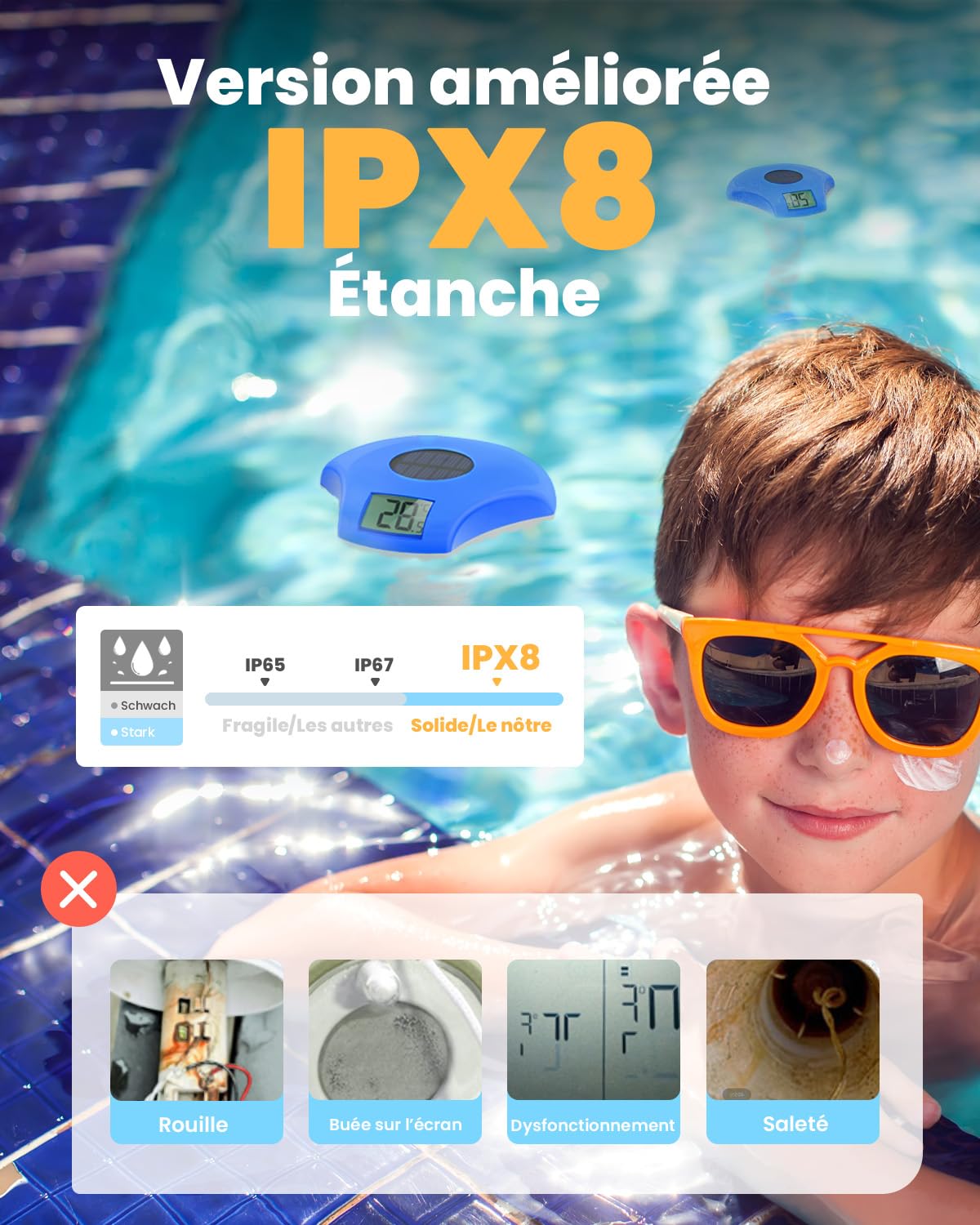 BALDR Thermometre Piscine flottant, à énergie solaire, étanche IPX8, convient pour piscine/jacuzzi/source d'eau chaude/aquarium (bleu profond)