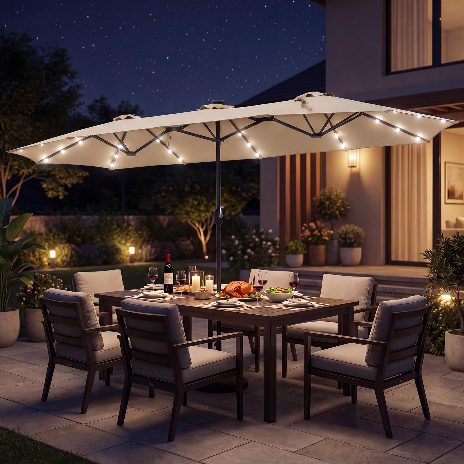 RELAX4LIFE Grand Parasol de Jardin Exterieur LED avec Pied, 4x2M Parasol Double Éclairé pour Terrasse/Piscine/Marché, 12 Baleines Renforcées, Manivelle, Protection Solaire pour 6-8 Personnes (Beige)