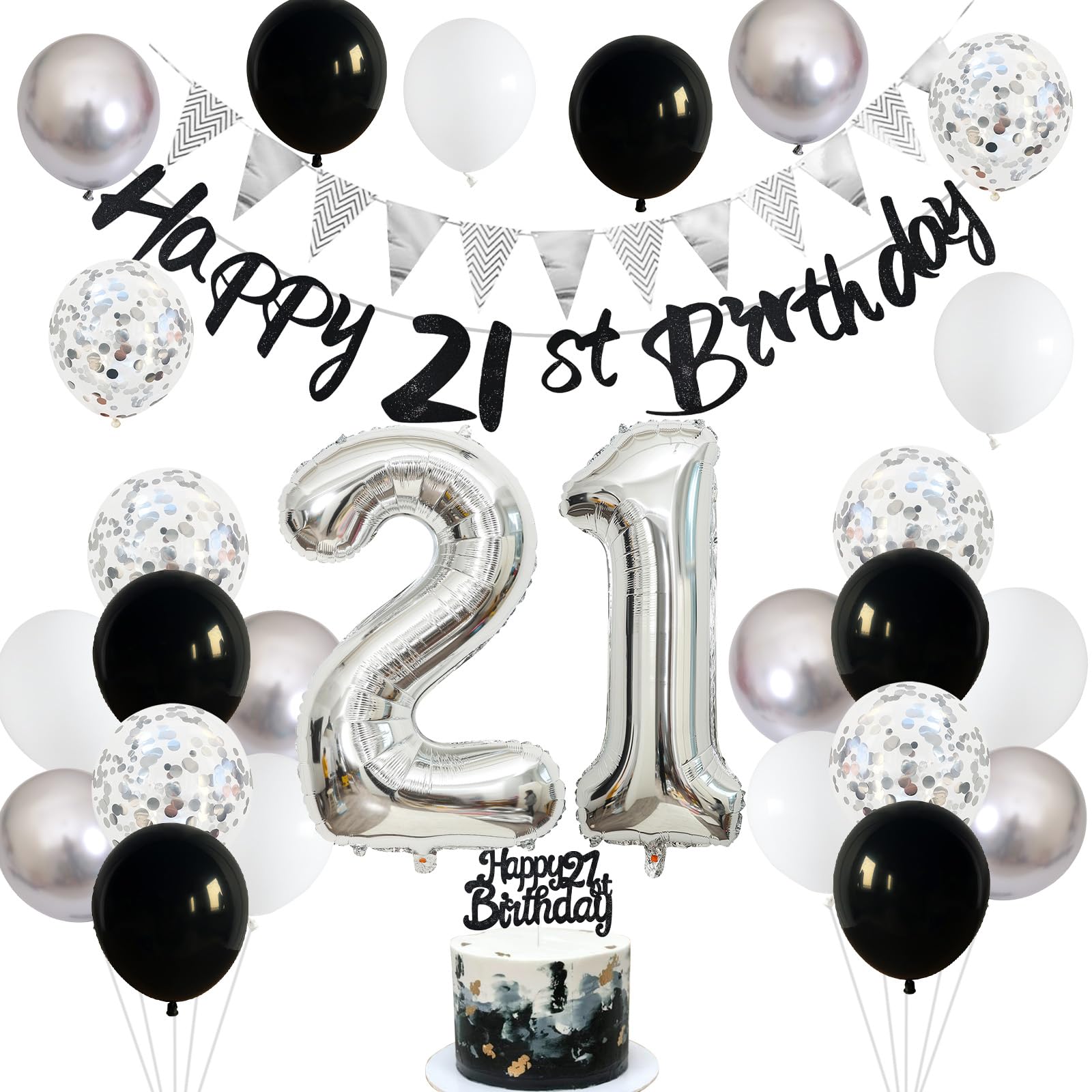 21st Birthday Decorations for Him Her, Happy 21st Birthday Banner with Black Silver White 21st Birthday Balloons Birthday Cake Topper Number 21 Foil