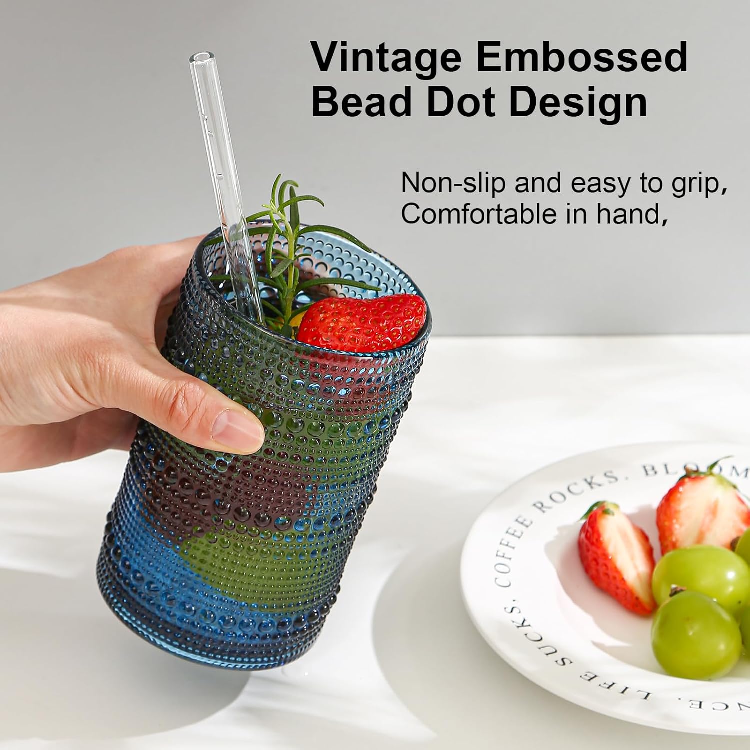 Vintage Hobnail Drinking Glasses Set of 12, 15oz Textured Tumblers - Embossed Blue Bar Glasses for Cocktails, Beer, Whiskey, Dishwasher-Safe Highball Cups for Kitchen, Juice & Mixed Drinks - Image 4