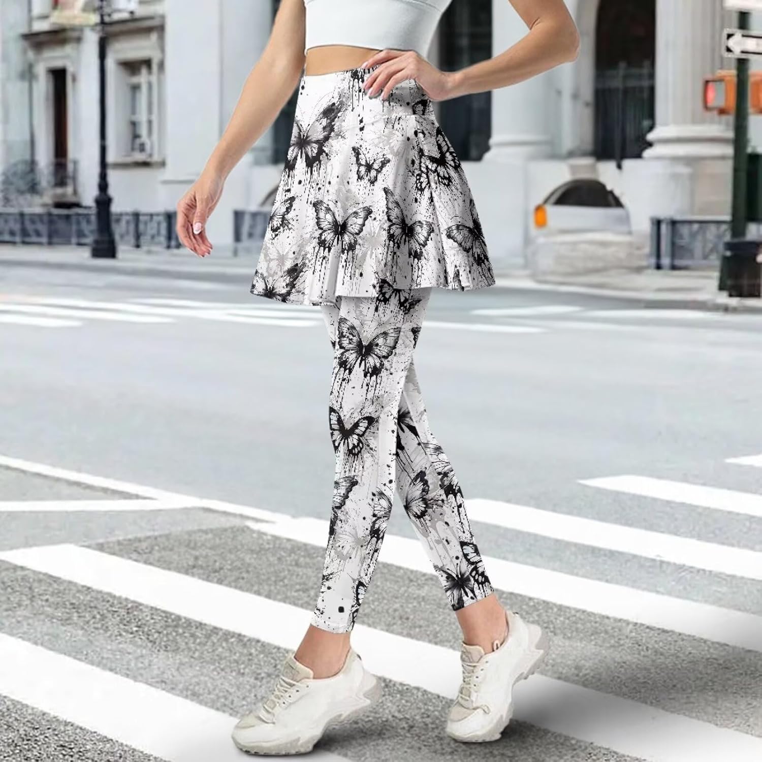 Women's Yoga Tennis Leggings with Skirt Comfortable Elastic Gym Running Skirted Leggings Stylish Athletic Skorts
