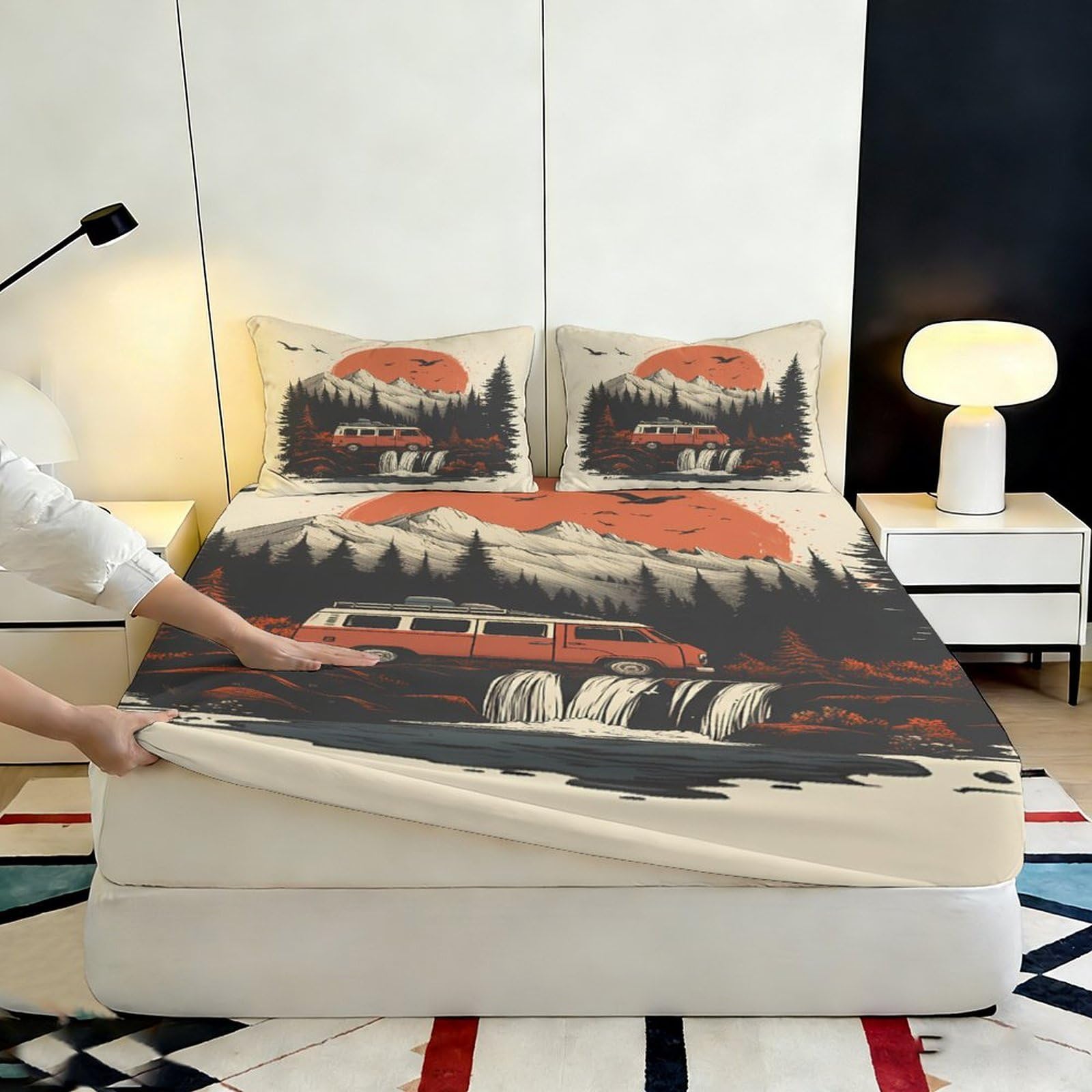 Lenzuolo con angoli, con stampa 3D, motivo camper di montagna, in microfibra, antiscivolo