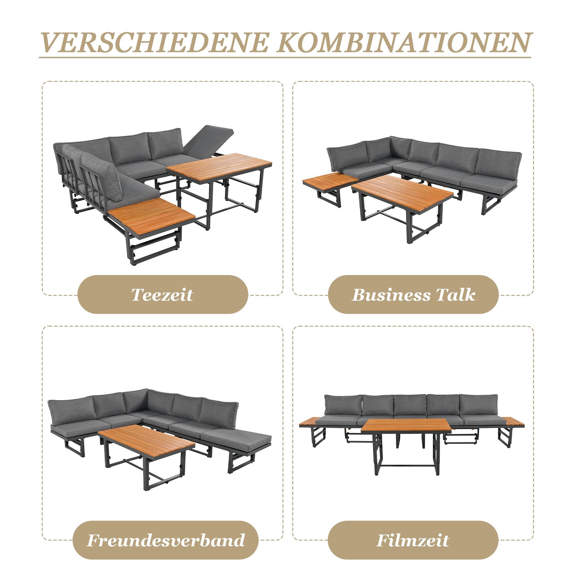 Juego de muebles de jardín de 3 piezas, color gris, con 2 sofás, mesa, estructura de hierro con recubrimiento en polvo, respaldo ajustable, madera de acacia, mesa ajustable, incluye todos los
