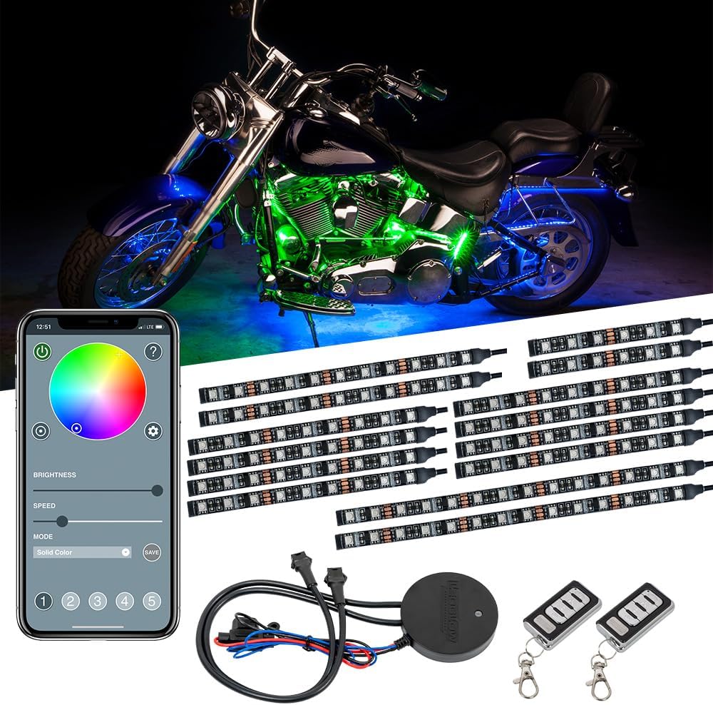 LEDGlow 14pc Bluetooth Advanced Million Color LED Motorcycle Accent Underlow Lighting Kit - Smartphone App - Dual Zone & Brake Lights Feature - Waterproof Control Box - Multi-Color Flexible Strips