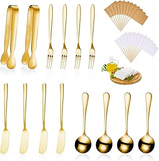 Patelai Charcuterie Boards Accessories Charcuterie Utensils Set Cheese Butter Spreader Knives Stainless Steel Mini Serving Tongs Spoons Forks and Toothpick Flags for Appetizers Pastry(Golden)