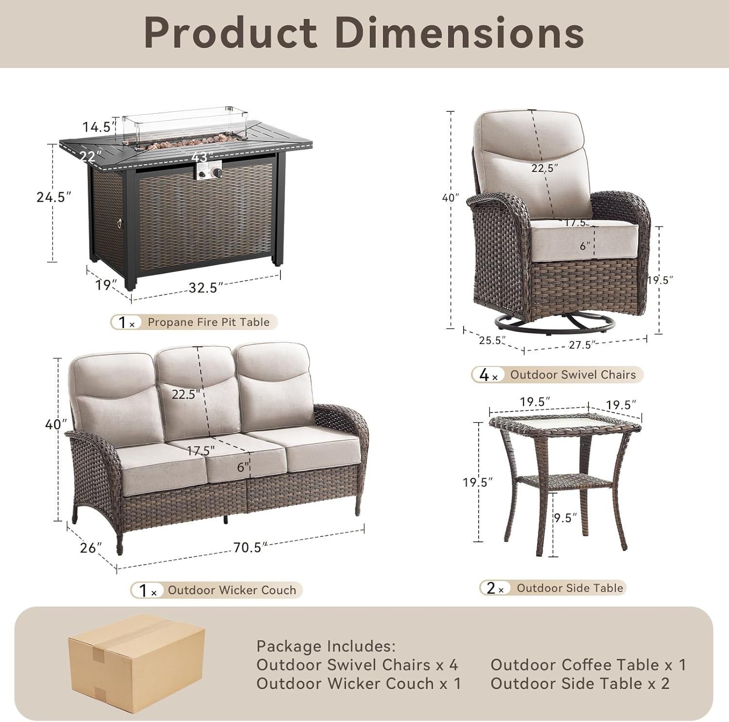 8 Pieces Luxury Patio Furniture Set with 42.5" Fire Pit Table, 6-Inch Thick Cushions Wicker Outdoor Furniture with Outdoor Rocking Chairs Set of 4, Outdoor Patio Conversation Set for Garden, Beige
