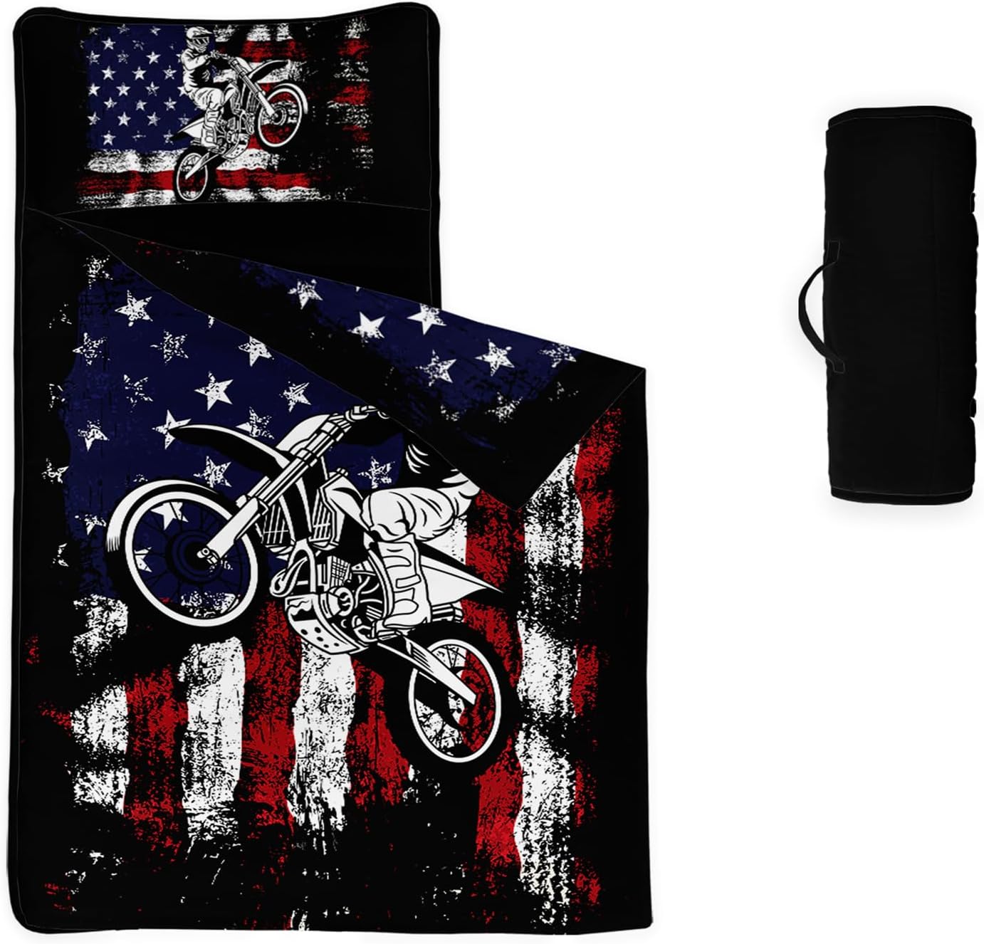 Axolotl Motocross Nap Mat with Pillow and Blanket, Colorful Motor Vehicles Biker Rolled Portable Sleeping Mat, Dirt Bike Sleeping Bag for Teens, Extreme Sports Slumber Bag for Traveling, 50" L*21" W