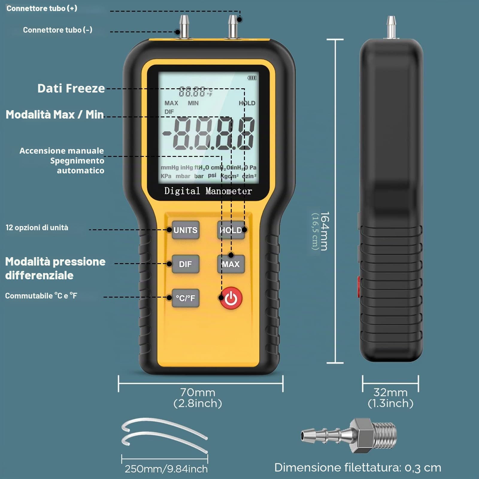 Manometro Digitale Palmare Professionale Manometro Differenziale Digitale per Gas Tester di Pressione del Gas HVAC Manometri Portatile con Connettore a Doppio Tubo, Ampio Display LCD e 12 Unità di