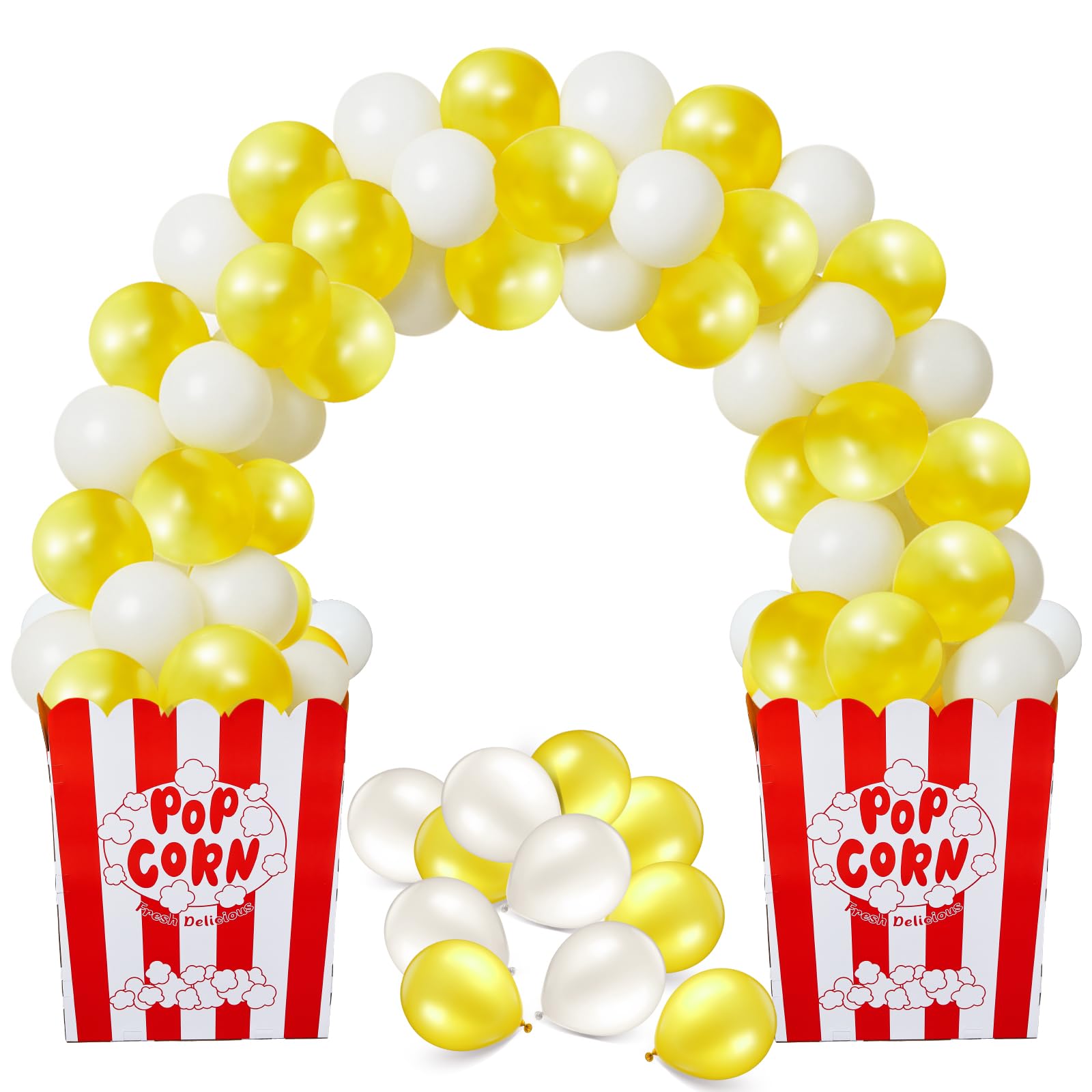 Giant Popcorn Box with Balloons and Balloons Pump Large Cardboard Popcorn Display Stand Popcorn Prop Decorations for Movie Night, Carnivals, Theme Party, Circus, Theater (100 Pcs)
