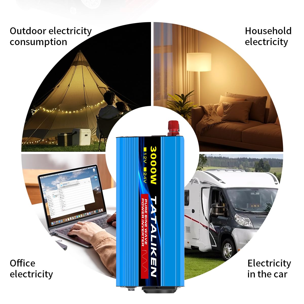 Inverter Auto,Inverter Onda Pura Inverter a onda sinusoidale pura 1000W-4000W CC 12V/24V a CA 220V 50Hz Inverter di potenza Caricabatterie(12V 1000W 220V)