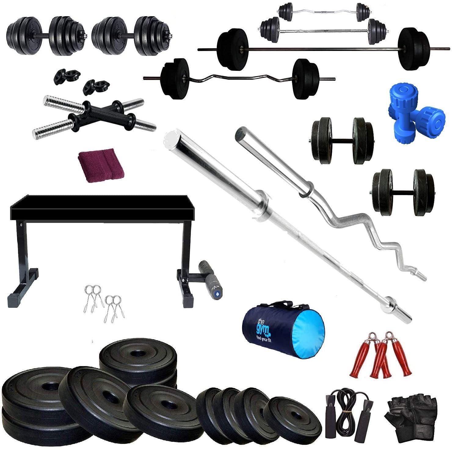 BODYFIT Home Gym Set Combo Kit, (20Kg-100Kg) Weight Plates, 3Ft Curl, 5Ft Plain Rod, Flat Legcurl Bench,2 Pcs Dumbbell Rods,Fitness Exercise Set. (30 Kg Gym Set)