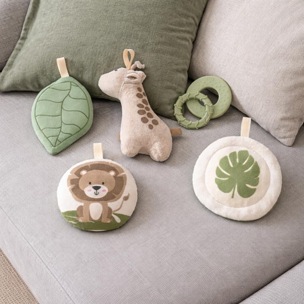 MoMi LUANI Arco de juego con alfombra para gatear, Ø 72 cm (interior), borde alto de 10 cm, 6 juguetes lavables: espejo, juguete con chirrido, jirafa de peluche con sonajero, dos mordedores
