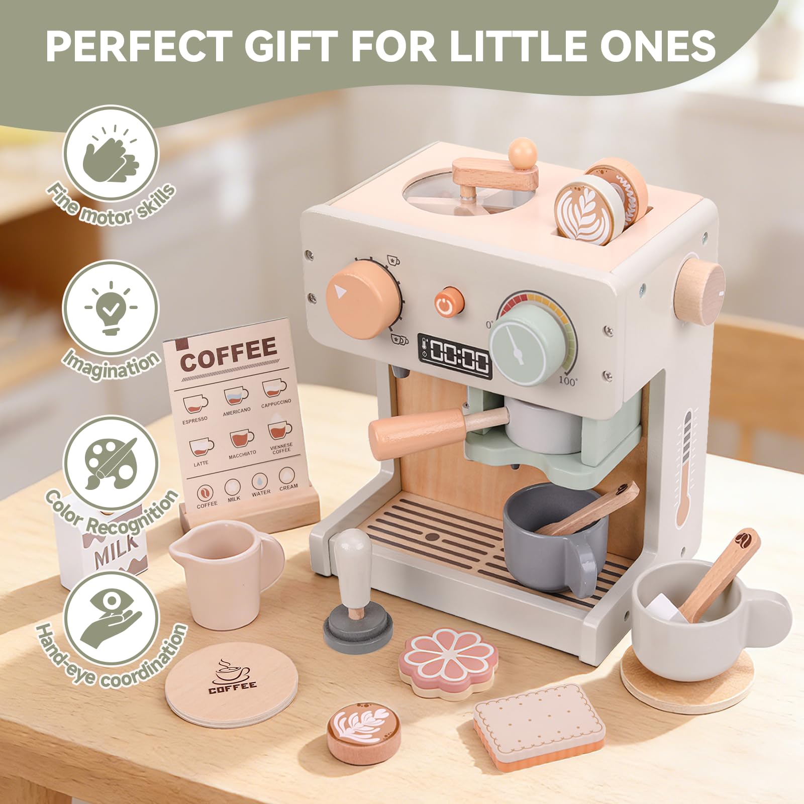 Cafetière en Bois Cuisine en Bois Enfant, Jouet Éducatif Éveil Montessori,Jeu de Rôle Jouet en Bois Cadeaux d'anniversaire,Noël pour Garçons Filles