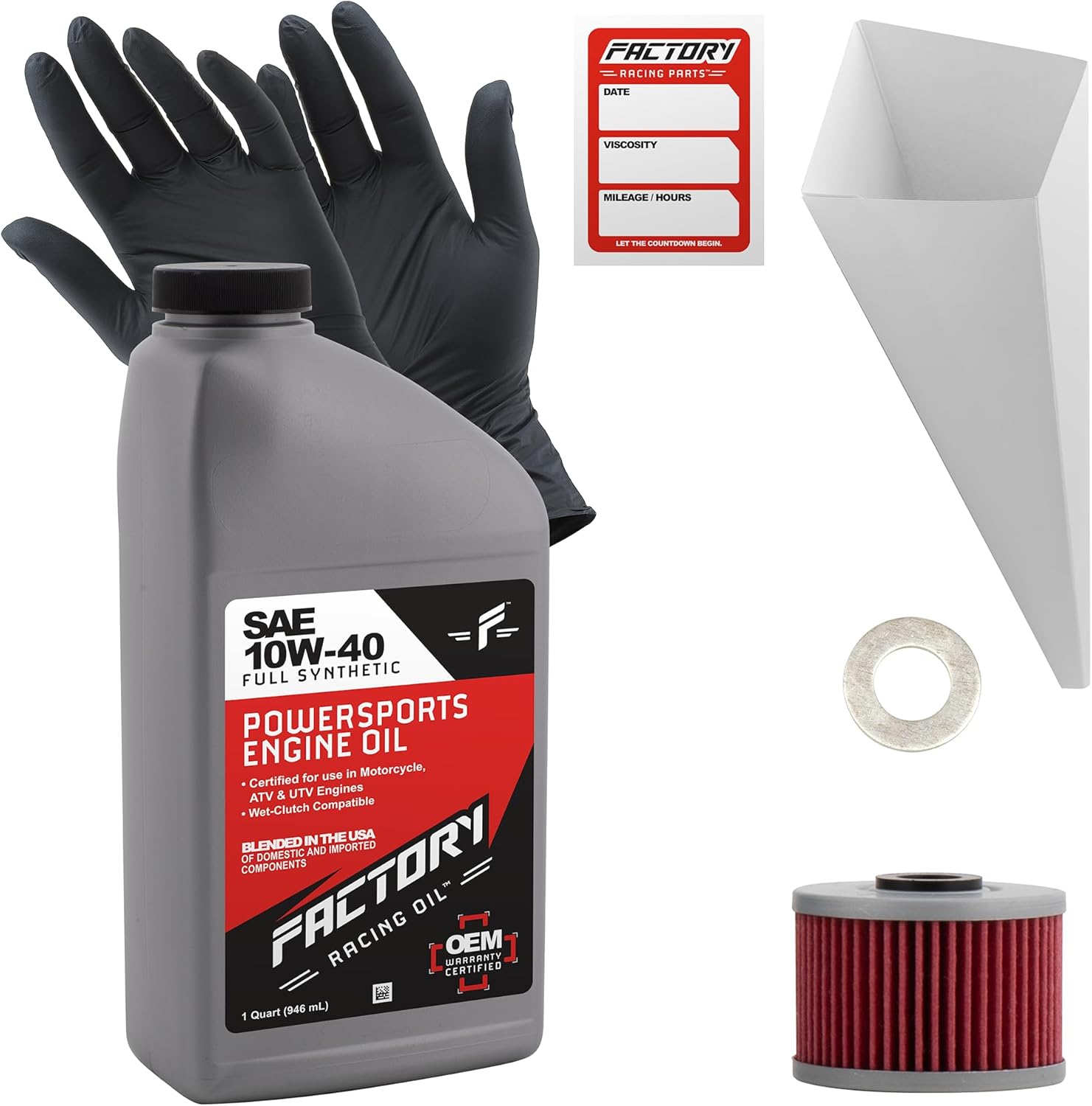 Factory Racing Parts Full Synthetic Oil Change Kit compatible with Kawasaki Z125 Pro – Includes 1 Quarts of SAE 10W-40 Oil, 1 Filter, 1 Crush Washer, 1 Funnel, 1 Oil Change Reminder Sticker