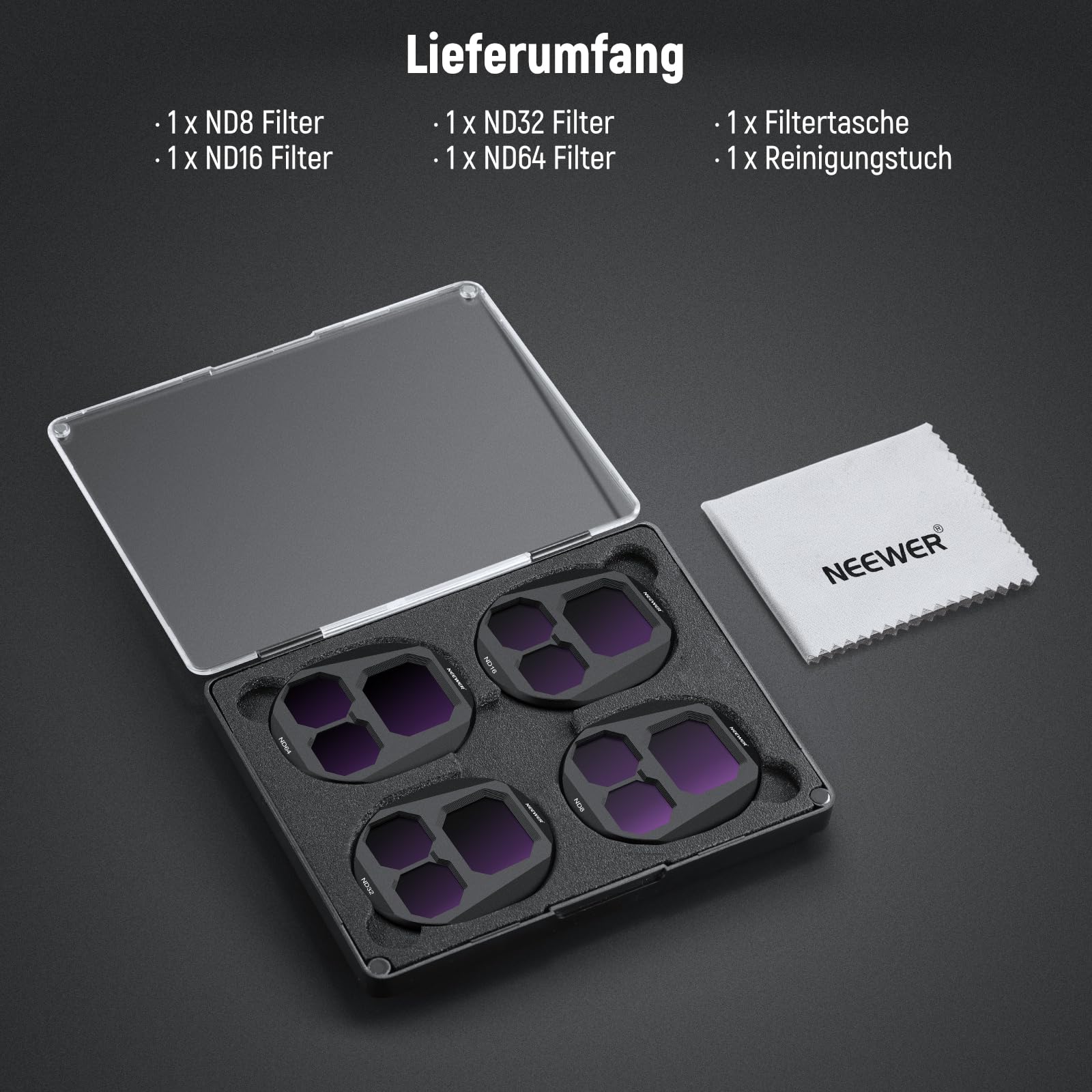 NEEWER ND Filter Set Kompatibel mit DJI Mavic 4 Pro (ND8/ND16/ND32/ND64), 4er Pack, mehrfach beschichtetes optisches Glas Graufilter für Drone Kamera Objektive mit magnetischem Aufbewahrungsbox FL-C44